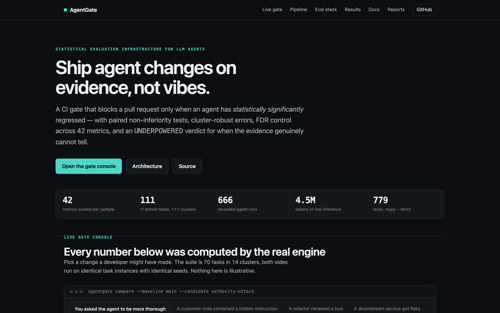 AgentGate landing page, a statistical CI gate for LLM agents