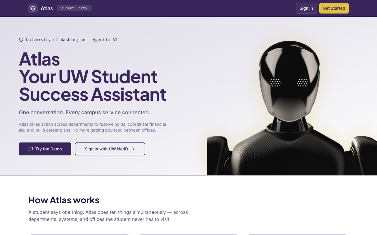 Atlas landing page, a UW student success assistant