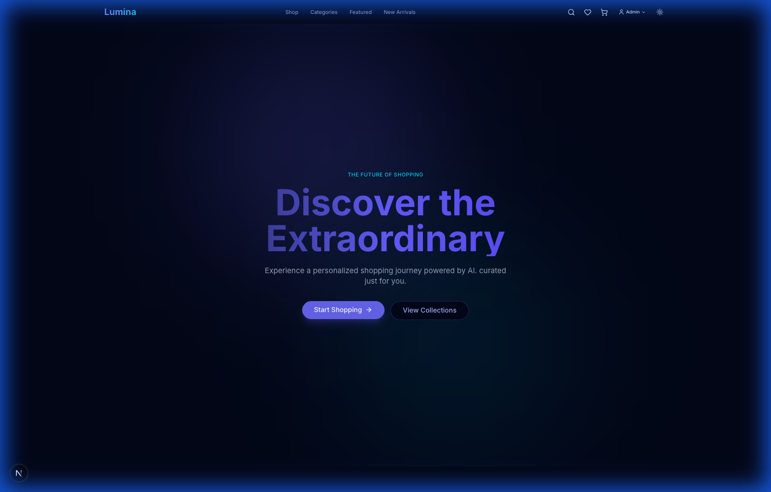 Lumina e-commerce homepage with a dark product catalog