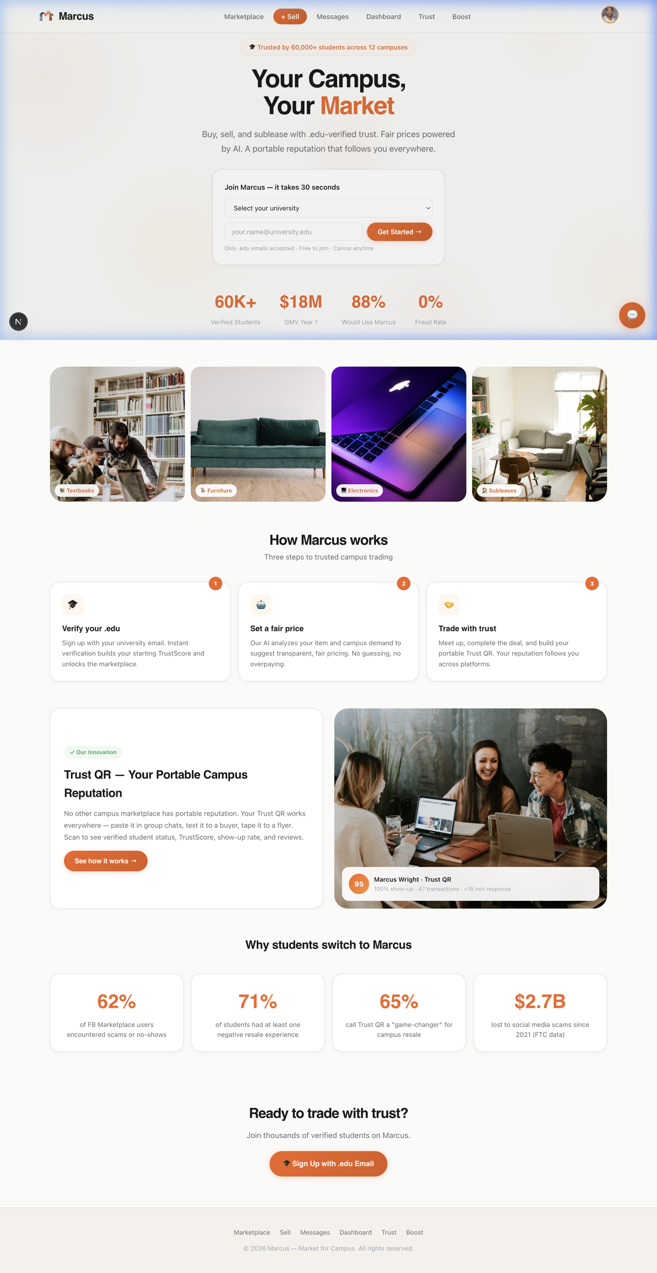 Marcus landing page, a trust-first campus marketplace