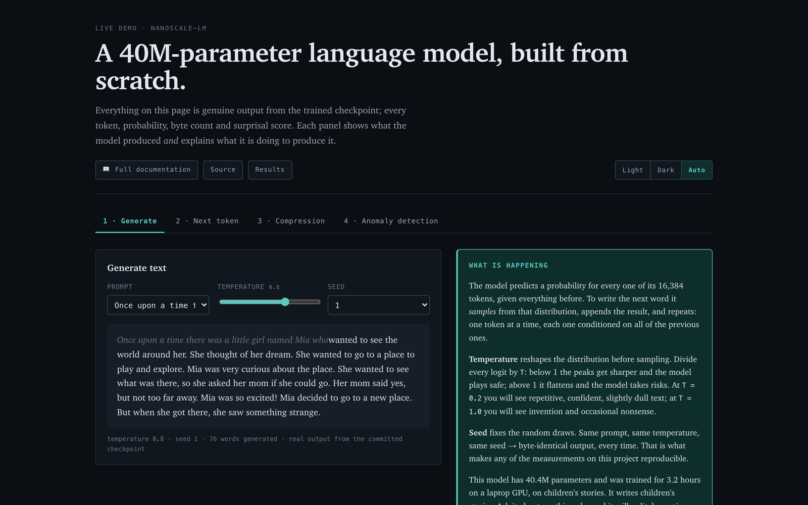NanoScale-LM browser demo generating text and explaining the model's next-token distribution
