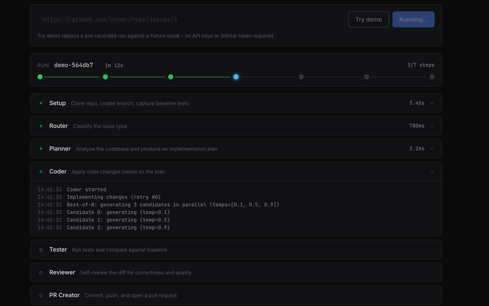 Vegapunk live trace UI streaming a seven-step agent run, with the Best-of-N coder generating three candidate patches